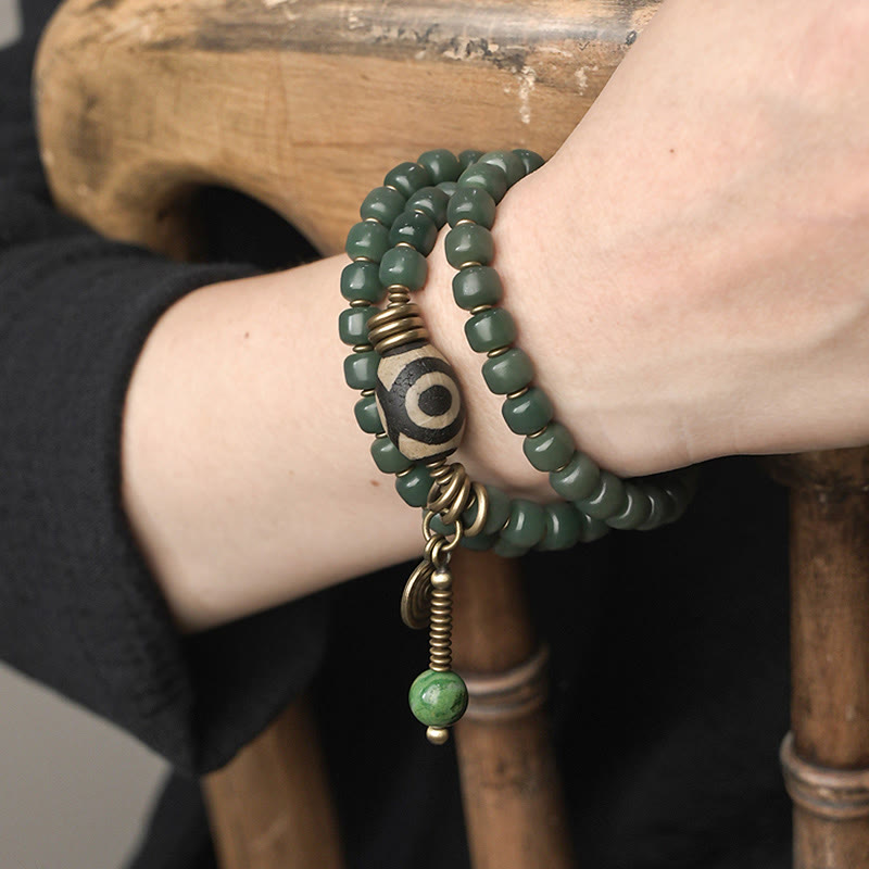 Unisex Cyan Bodhi Seed Dzi Bead Triple Wrap Bracelet