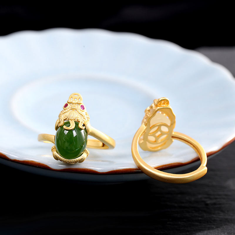 Adjustable 18k Gold Pixiu Jade Ring for Wealth & Luck