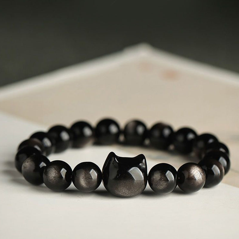Gold Sheen Obsidian Bracelet with Lucky Cat Paw Charm for Protection
