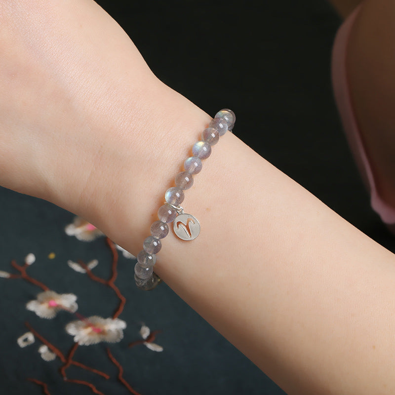 12 Zodiac Moonstone Charming Bracelet 7mm Beads