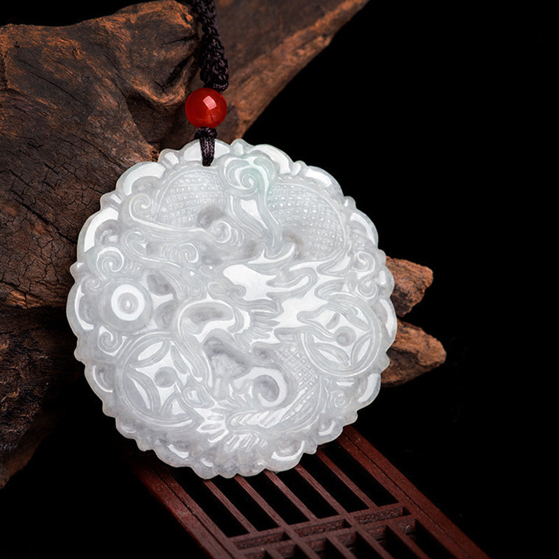 White Jade Dragon Necklace 49mm Protection Pendant