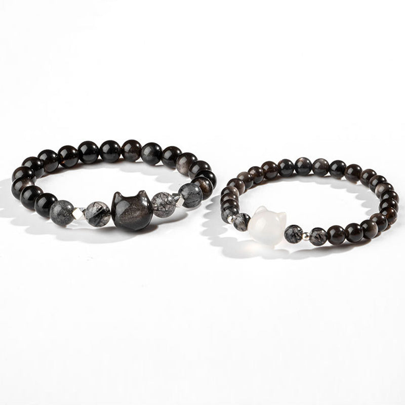 8mm Silver Sheen Obsidian Cat Head Protection Bracelet