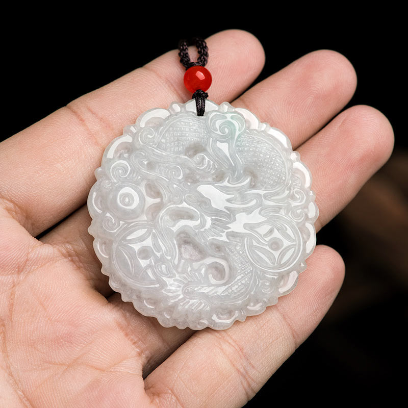 White Jade Dragon Necklace 49mm Protection Pendant