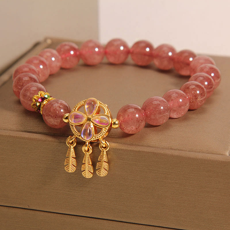Strawberry Quartz Love Bracelet with Clover Dreamcatcher Charm