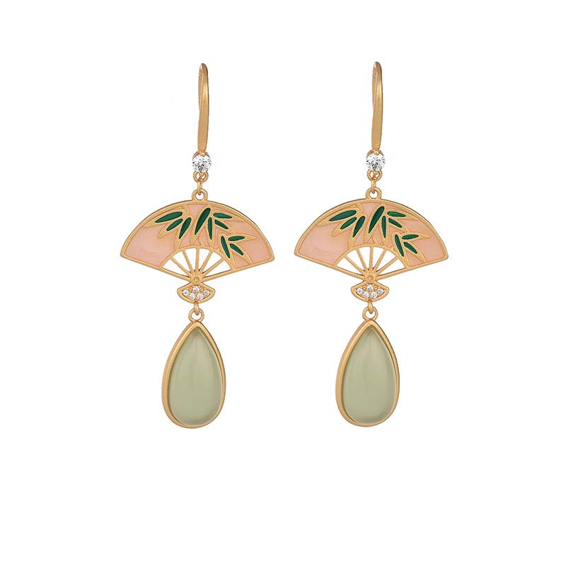 Green Aventurine Luck Drop Earrings | Fan Pattern Design
