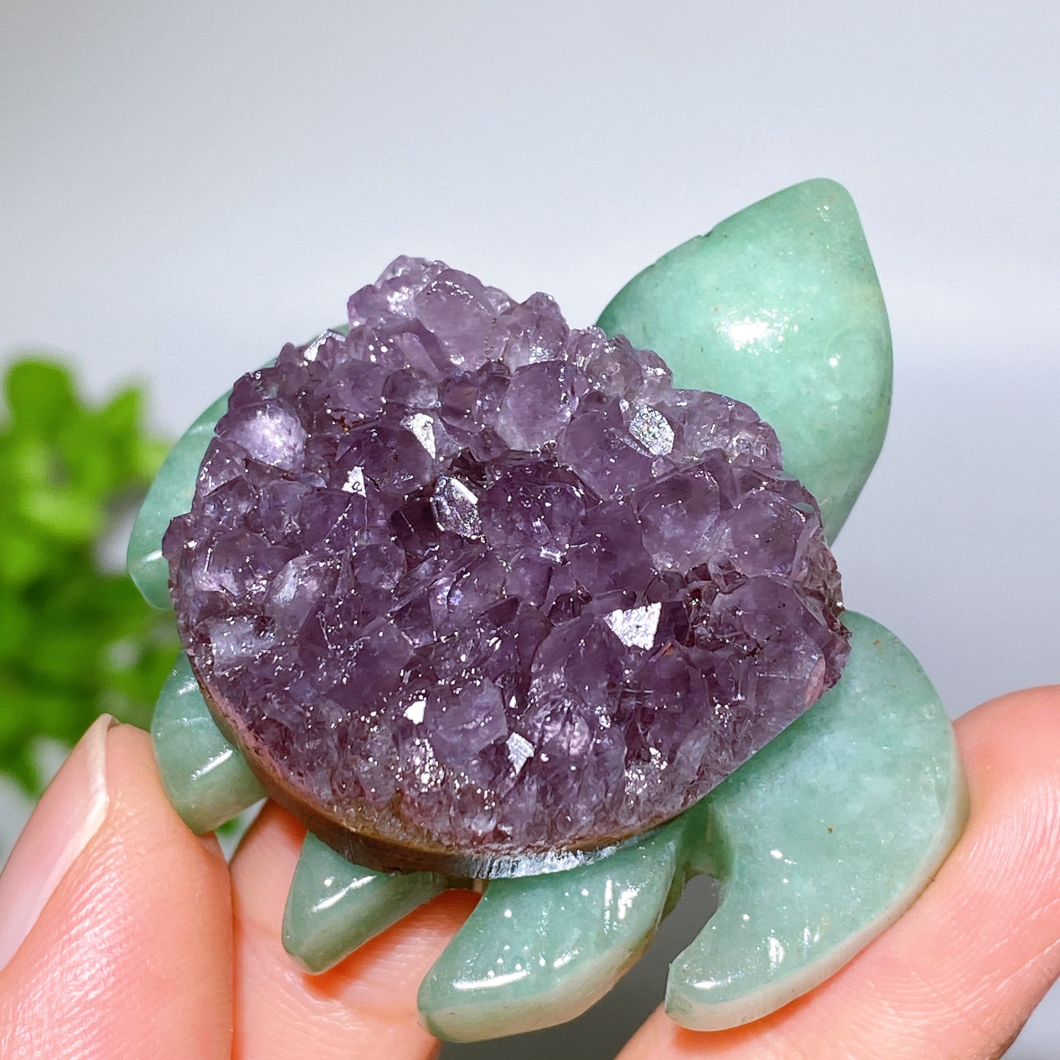 2.0" Amethyst Cluster Green Aventurine Turtle Crystal Figurine