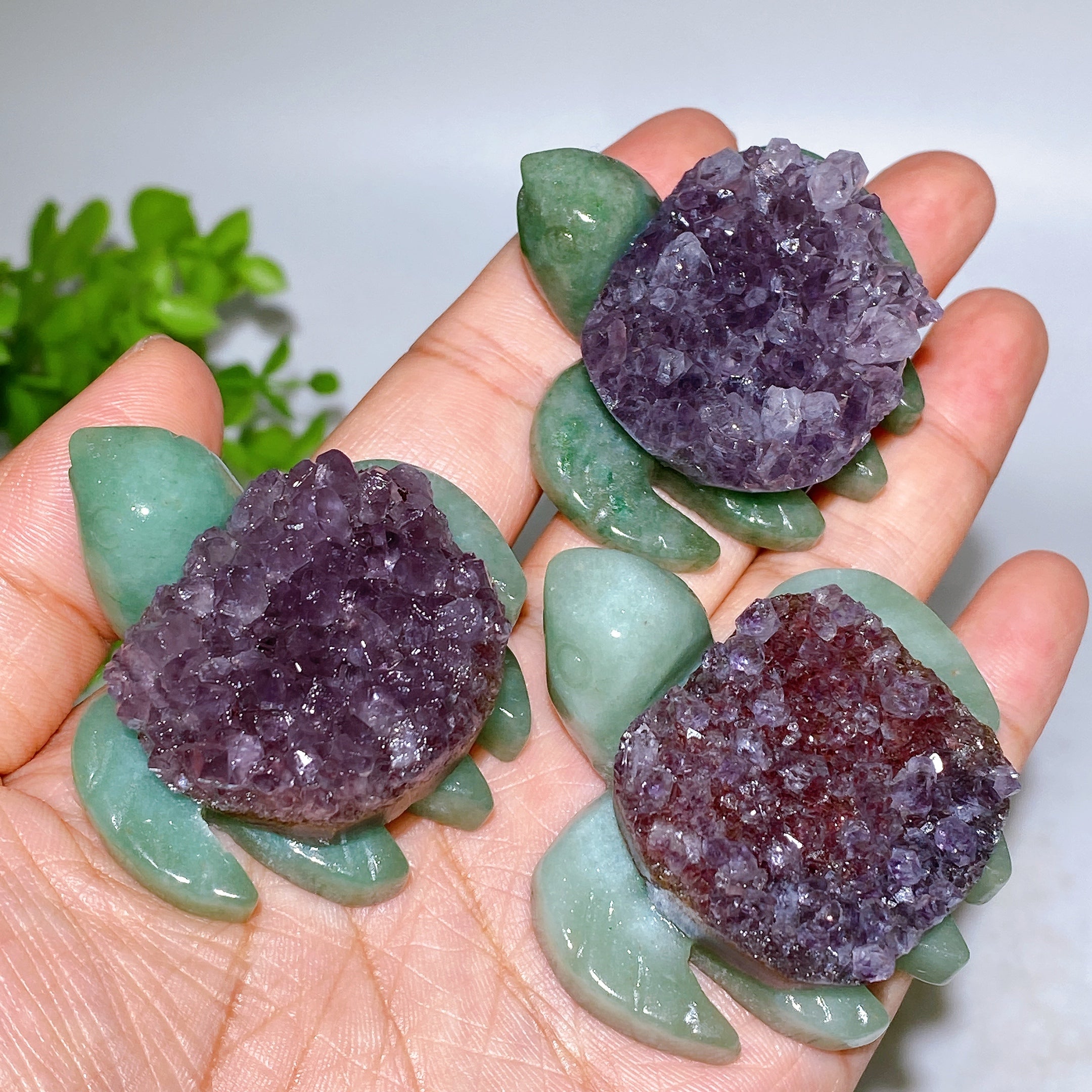 2.0" Amethyst Cluster Green Aventurine Turtle Crystal Figurine