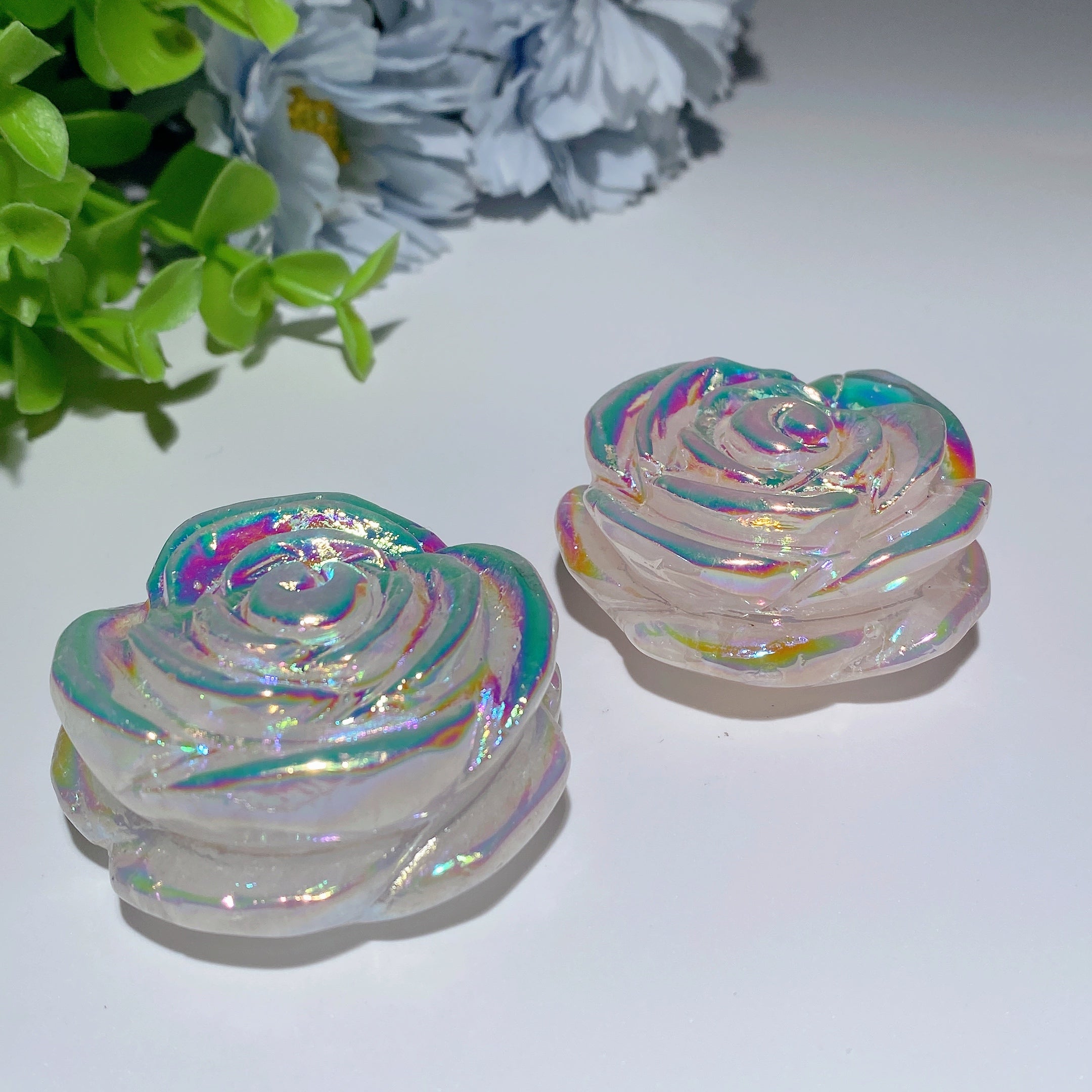 2.0 inch Aura Rose Quartz Crystal Flower Carving