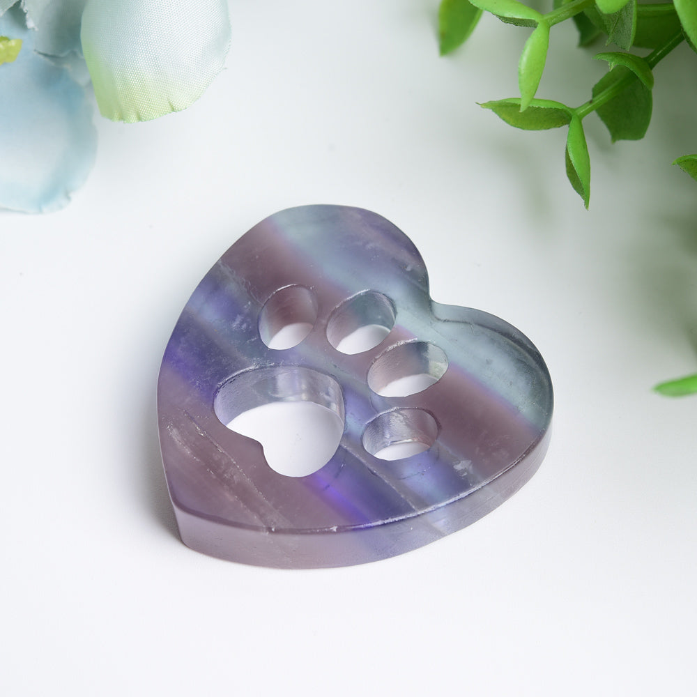 2.0" Mixed Crystal Heart Figurine with Cat Paw Carving