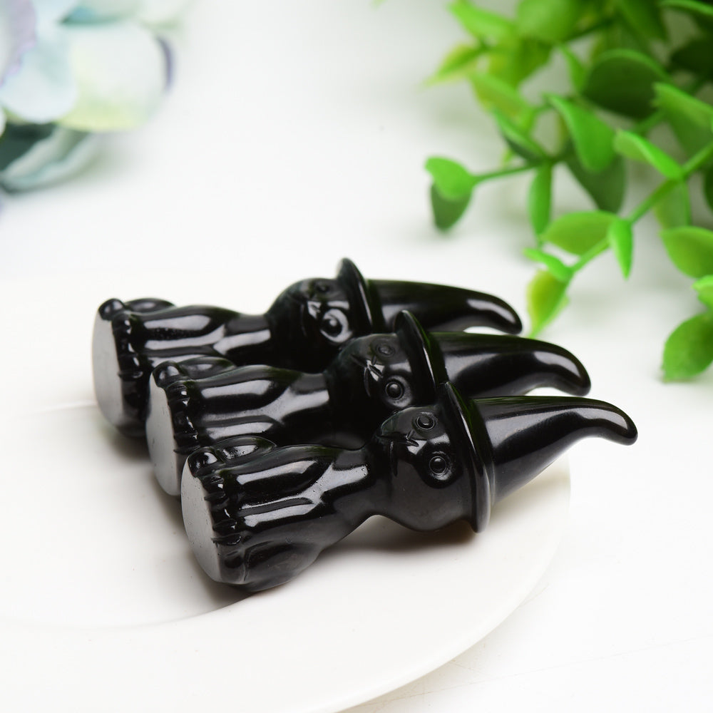 2.3 inch Black Obsidian Crystal Cat Figurine with Wizard Hat