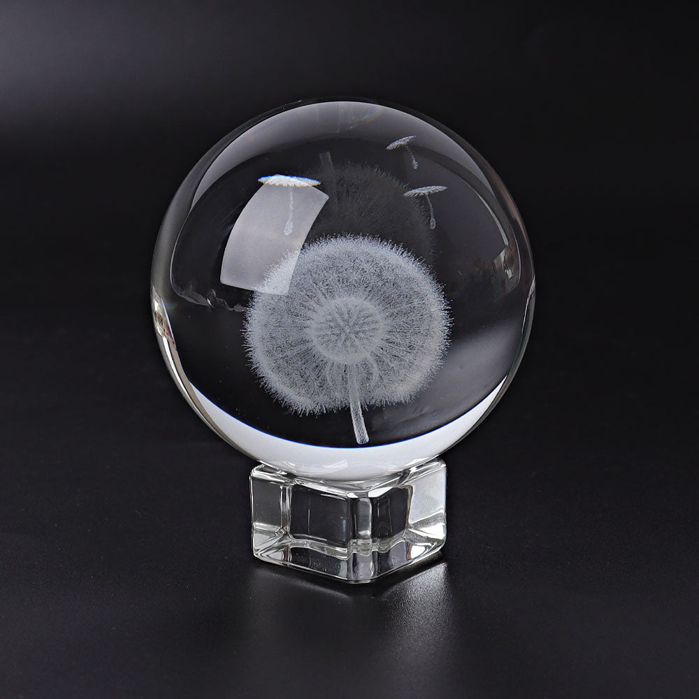2.3 Inch Glass Crystal Sphere with Dandelion Carvings