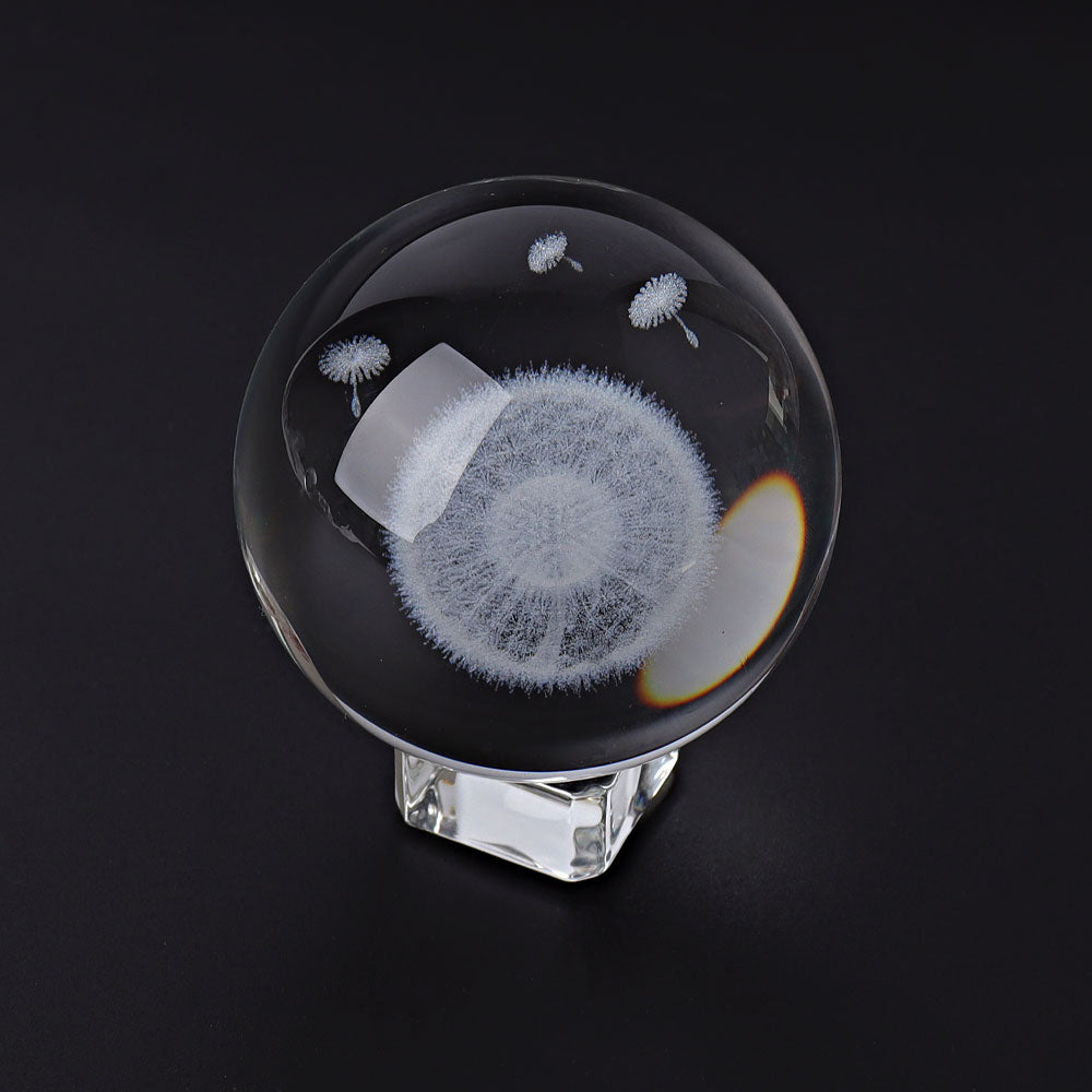 2.3 Inch Glass Crystal Sphere with Dandelion Carvings