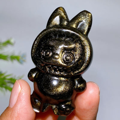 2,3 Zoll große Figuren aus Regenbogen-Mondstein und goldenem Obsidian-Kristall
