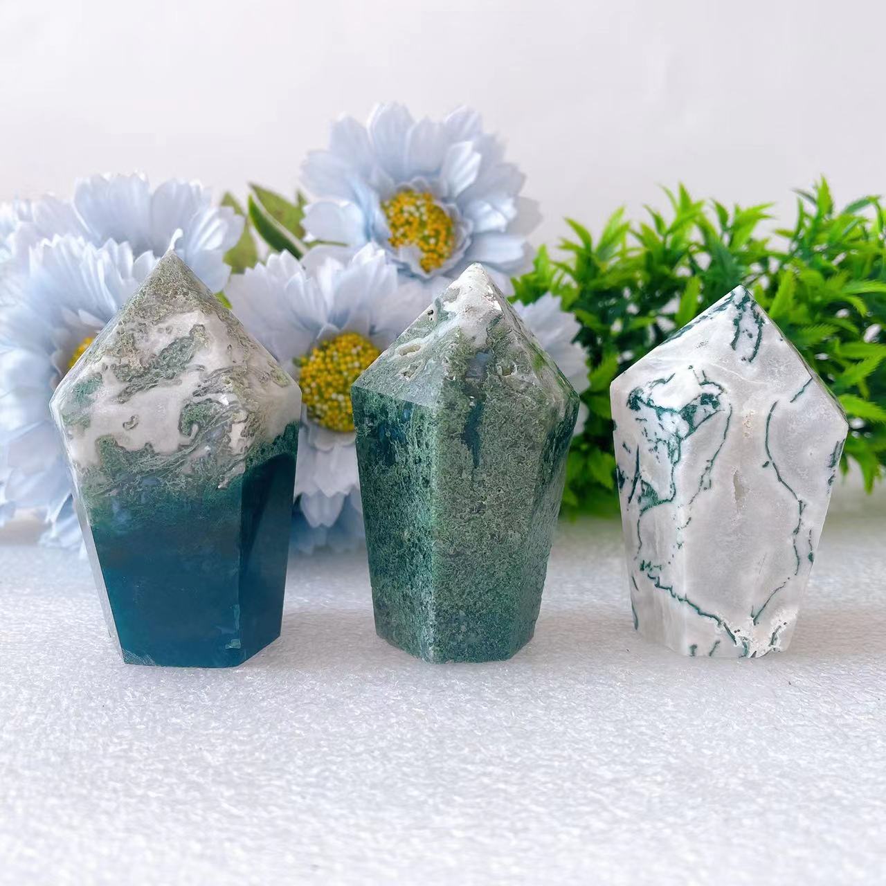 2.5-2.8in Moss Agate Hexagonal Healing Crystal Point