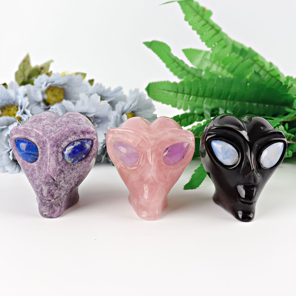 2.5 inch Crystal Alien Skull Carving in Rose Quartz & More
