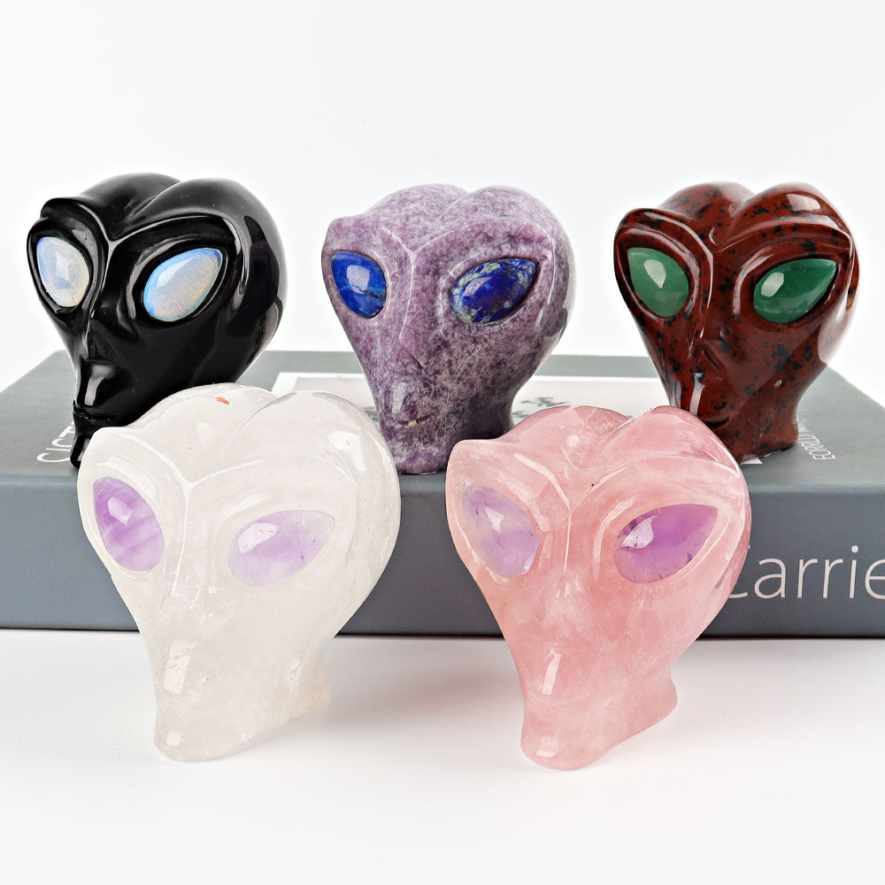 2.5 inch Crystal Alien Skull Carving in Rose Quartz & More