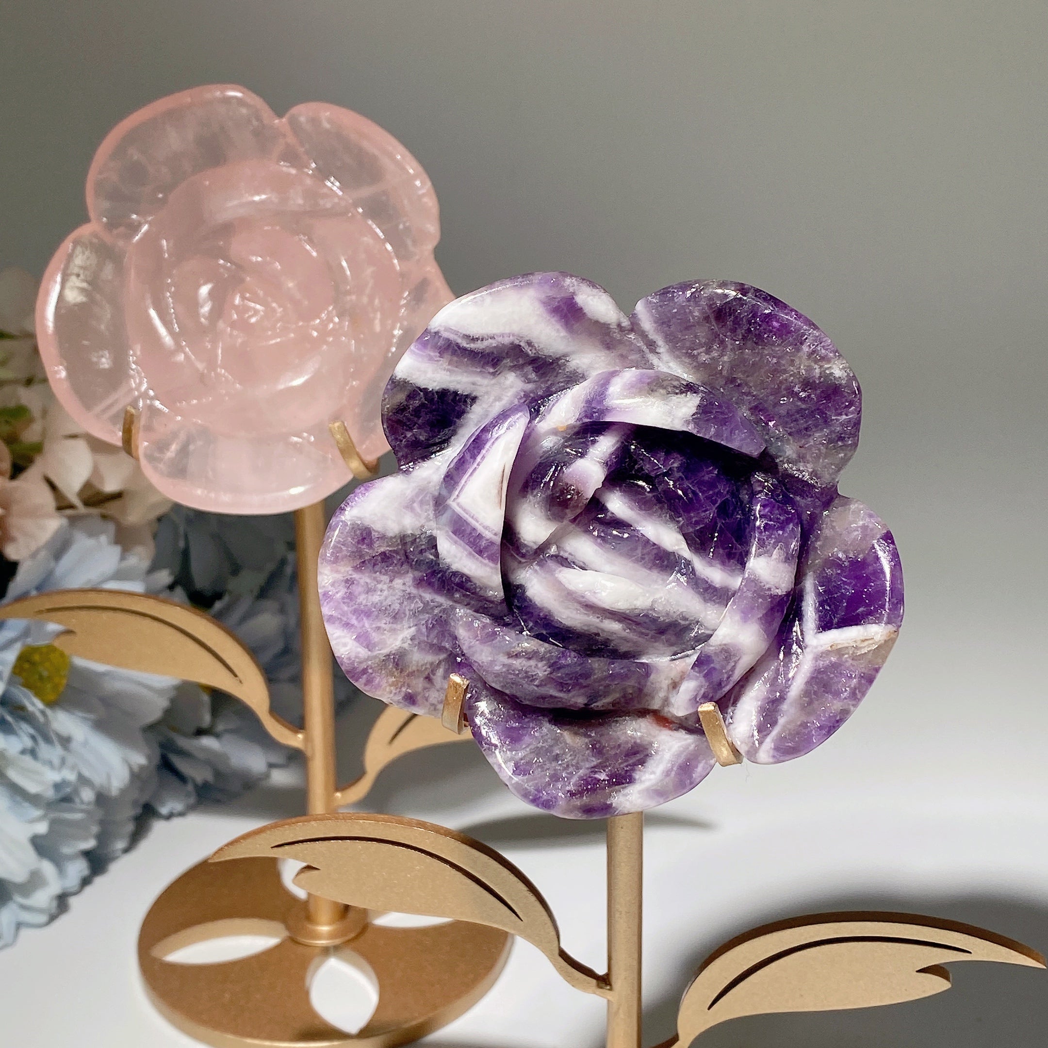 2.8" Amethyst & Rose Quartz Crystal Flower with Stand