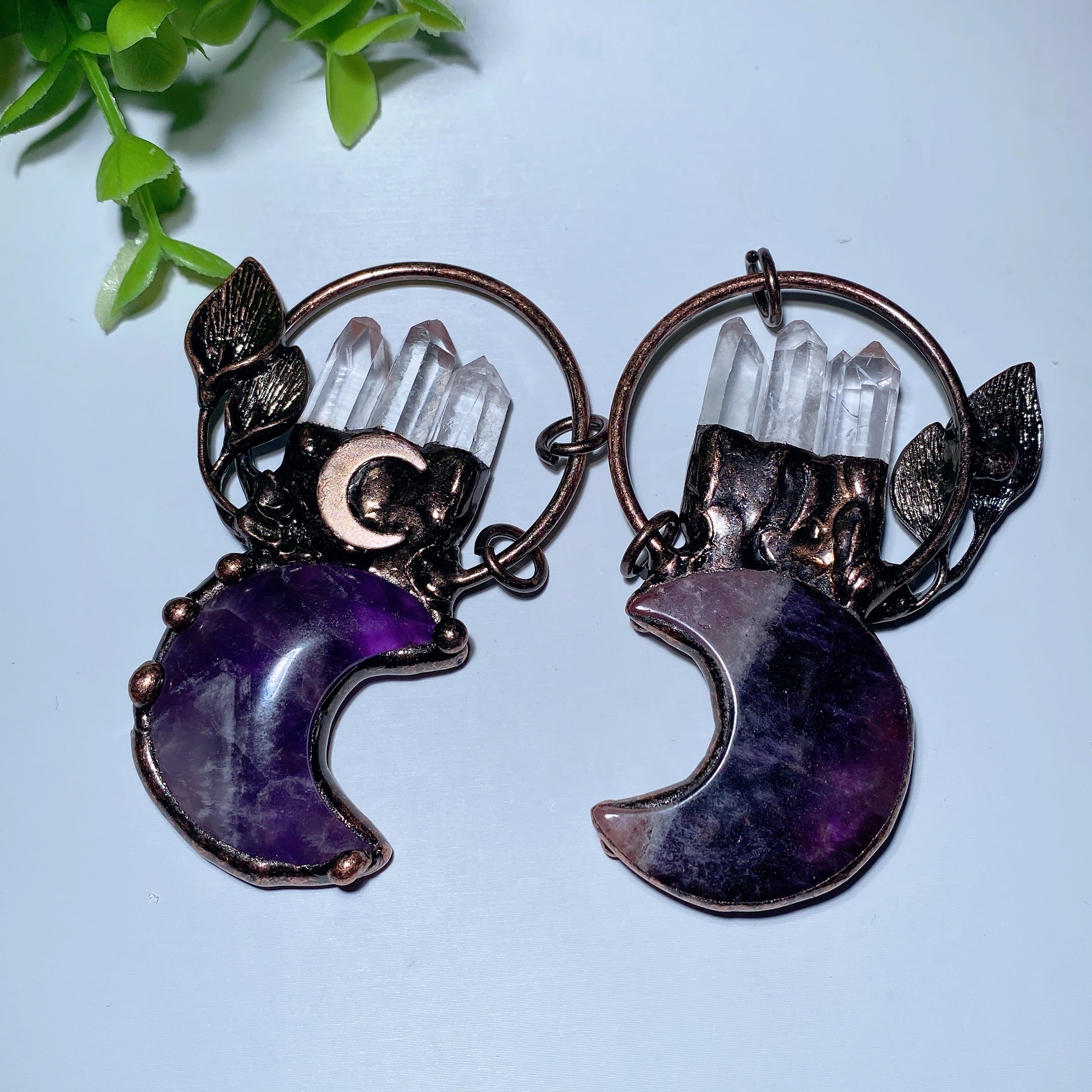 2.8 Inch Amethyst Moon Pendant with Clear Quartz Crystal