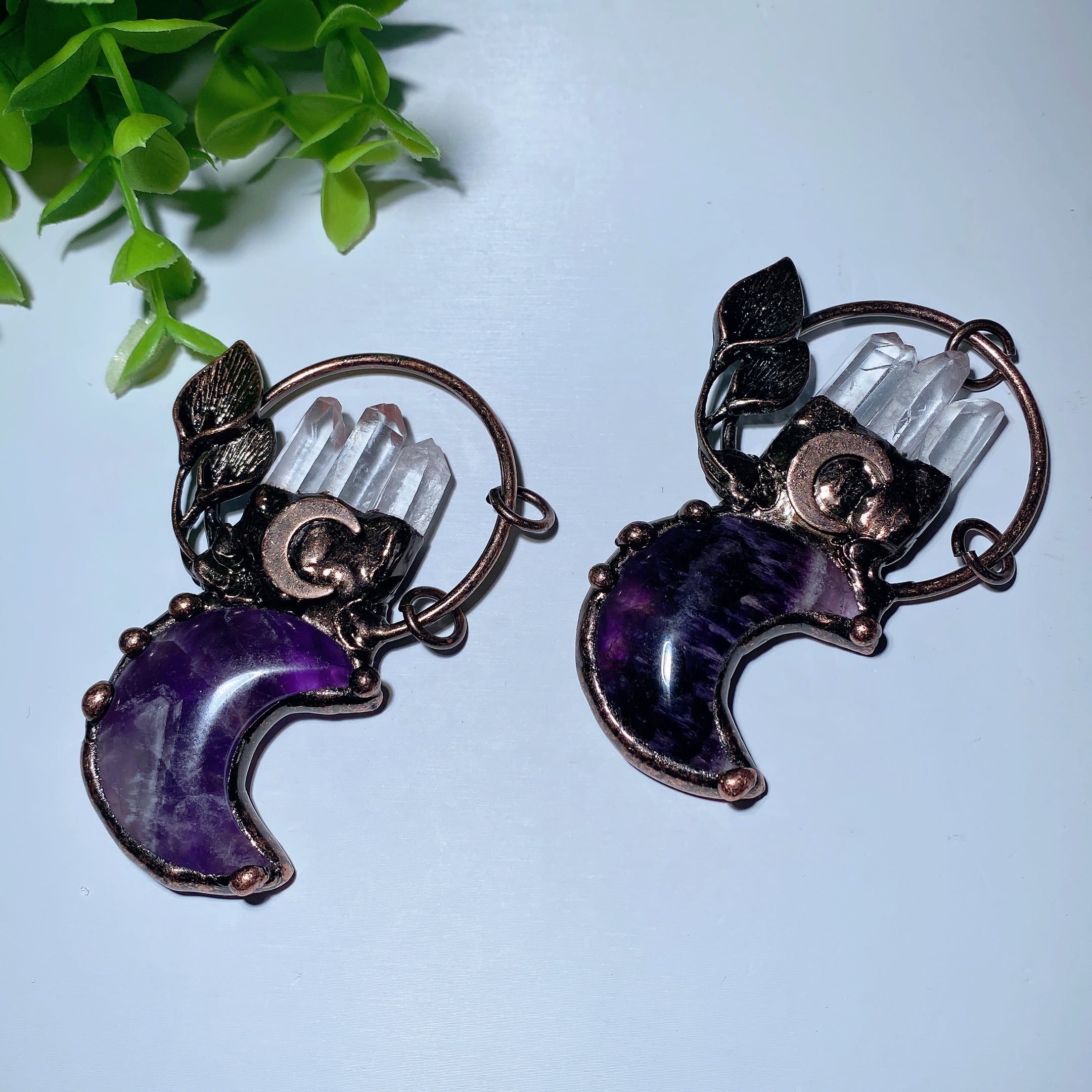 2.8 Inch Amethyst Moon Pendant with Clear Quartz Crystal