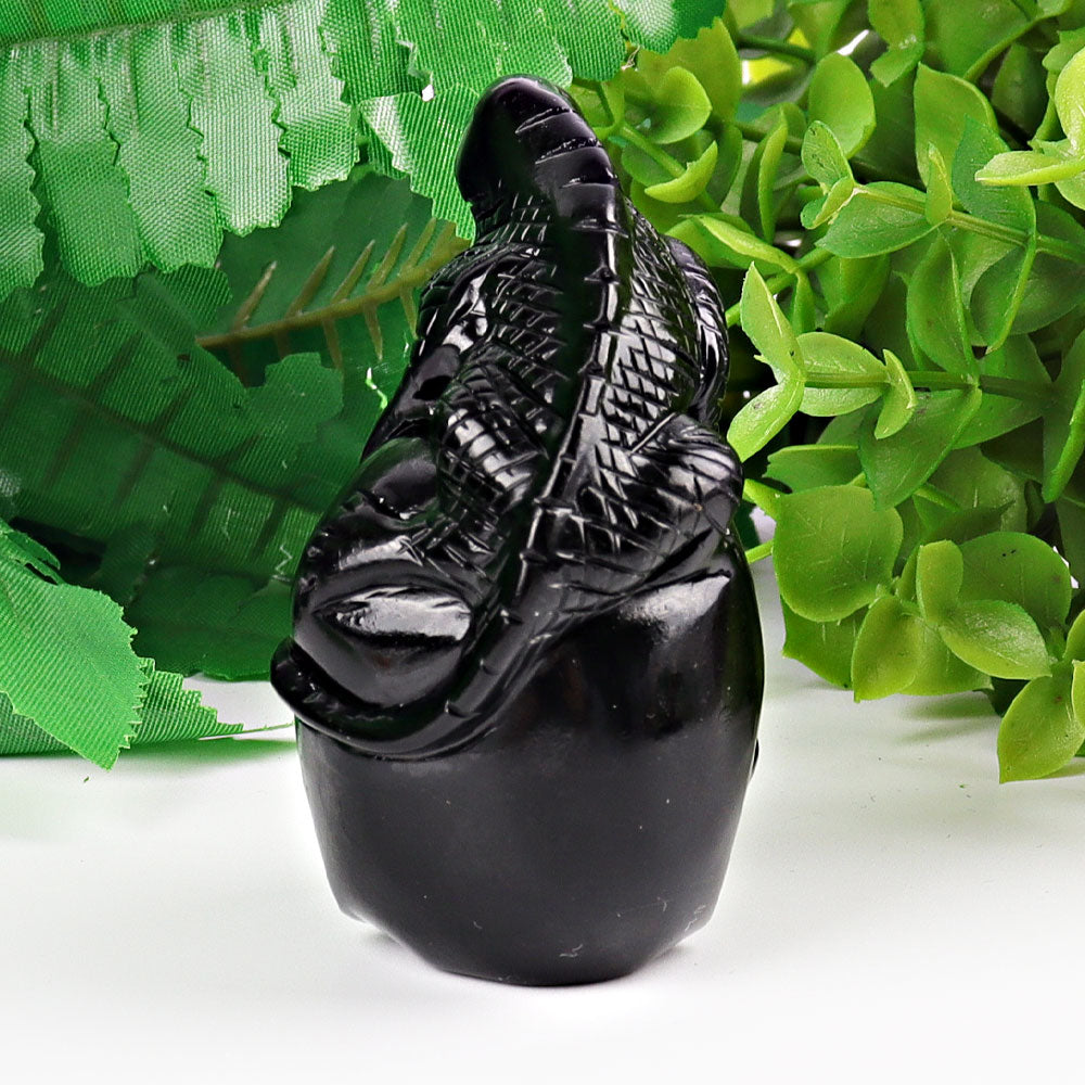 2.8 Inch Black Obsidian Crystal Skull Carving with Lizard