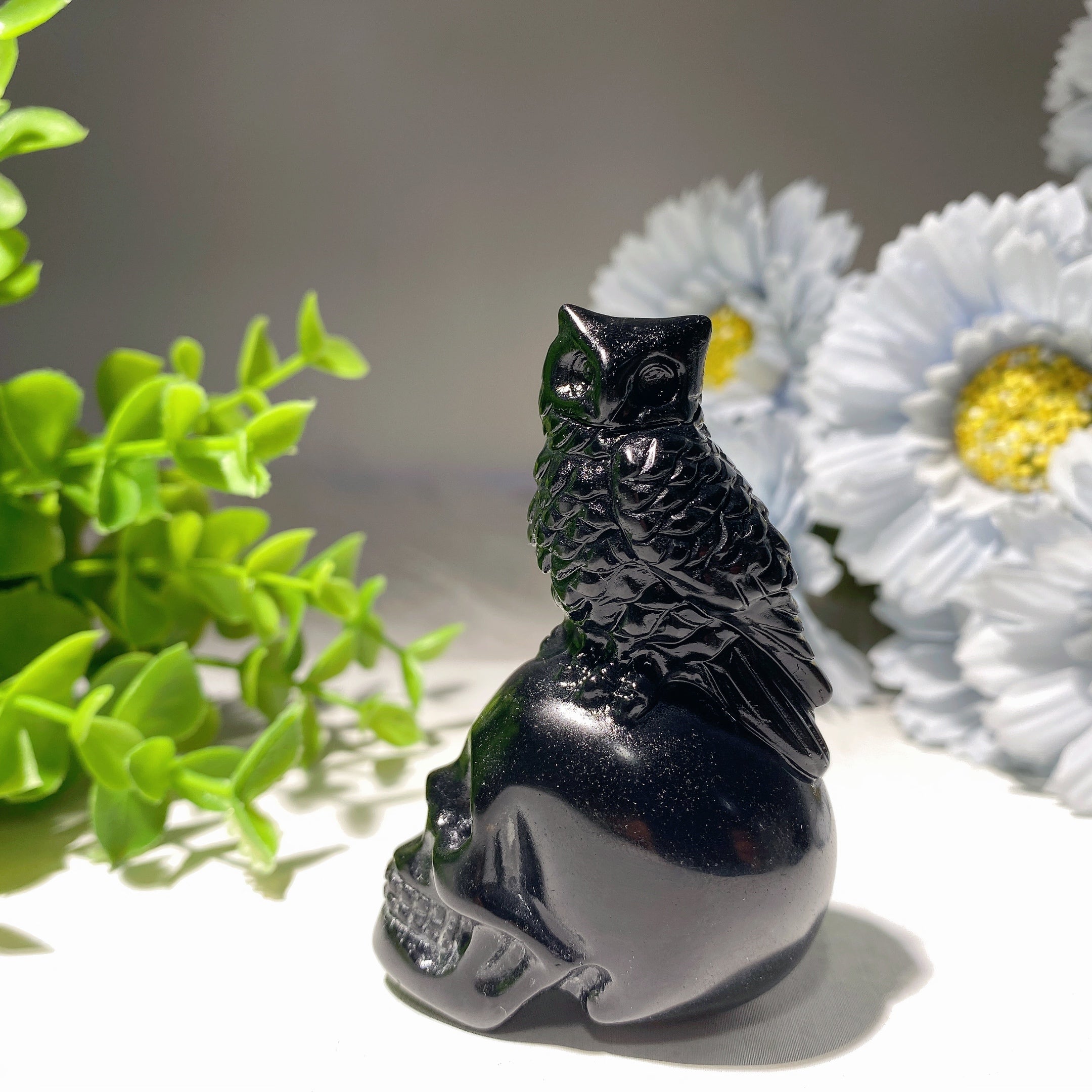 2.8 inch Black Obsidian Skull with Raven or Owl Carvings