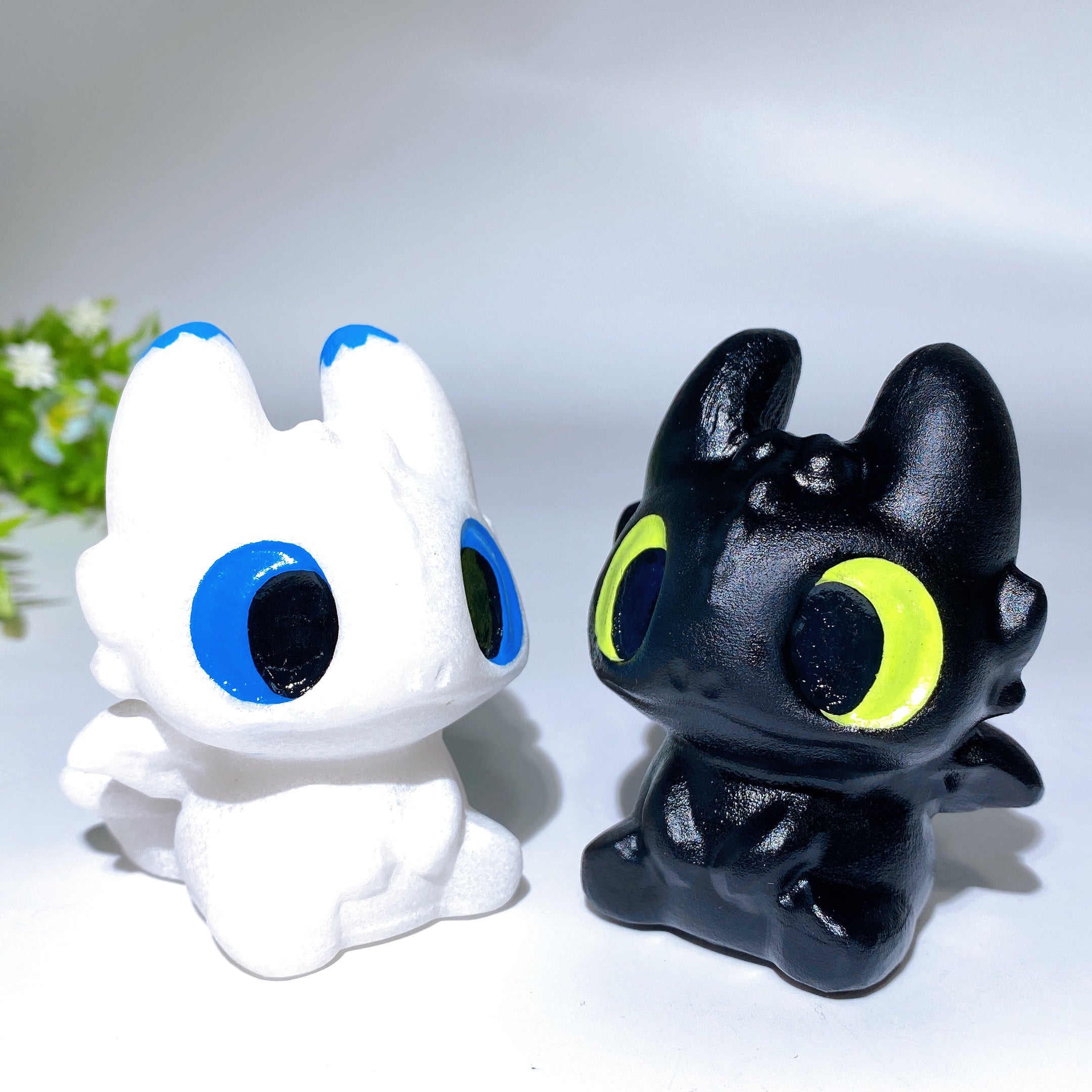 2.8 inch White Jade & Black Obsidian Crystal Dragon Figurines