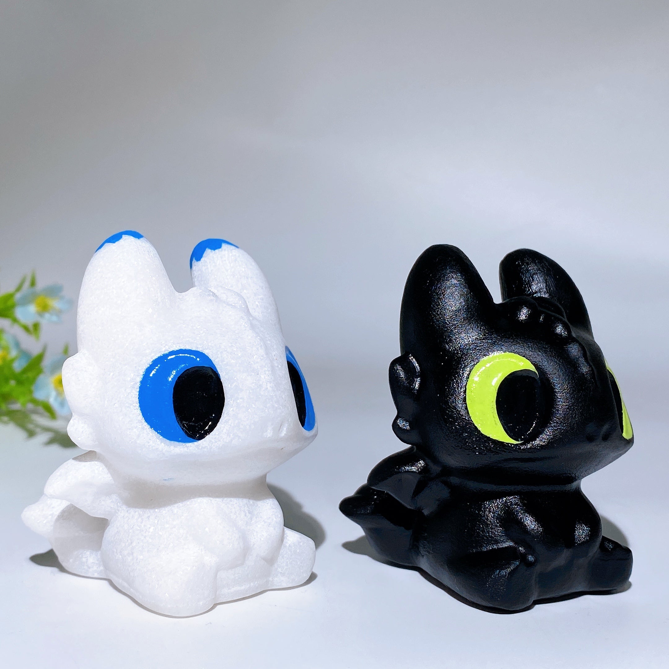 2.8 inch White Jade & Black Obsidian Crystal Dragon Figurines