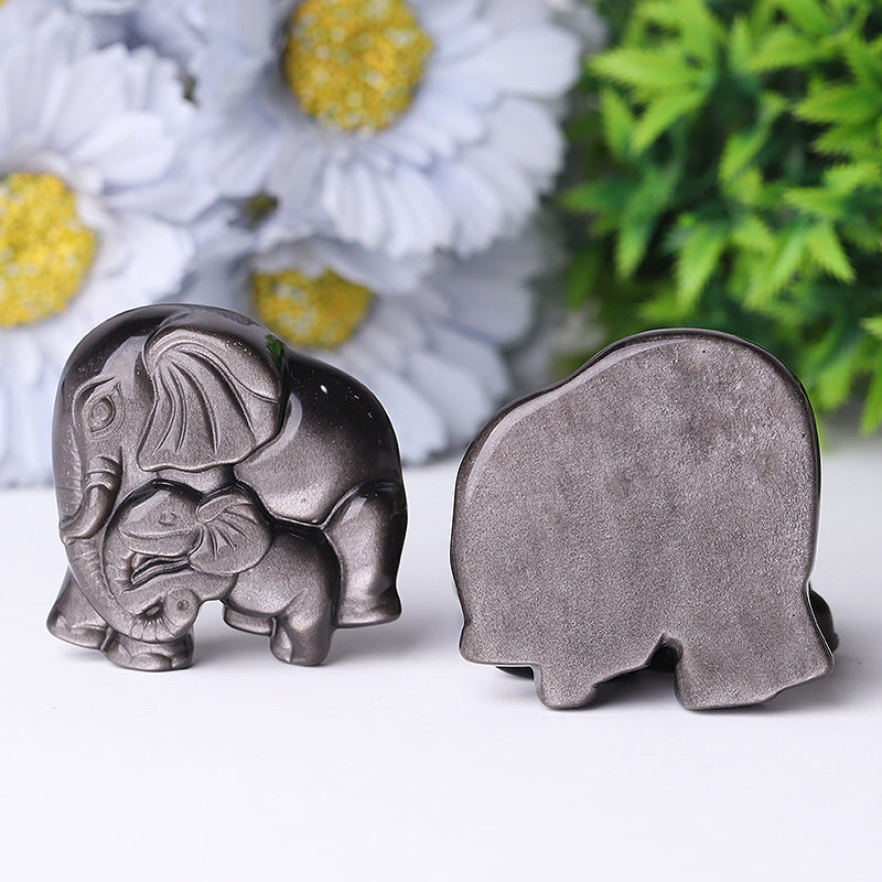 2 inch Silver Obsidian Crystal Elephant Carving