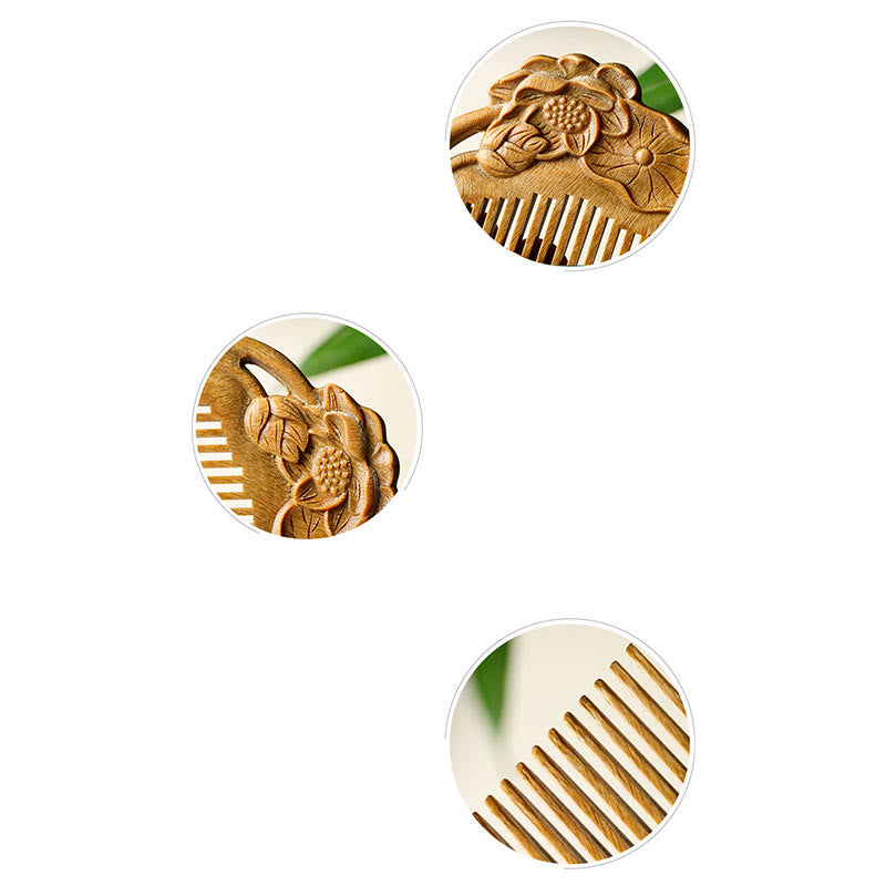 Green Sandalwood Lotus Flower Engraved Soothing Comb