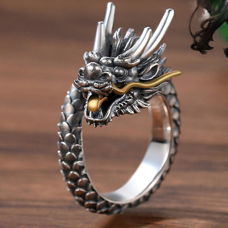925 Sterling Silver Adjustable Dragon Ring for Protection & Strength