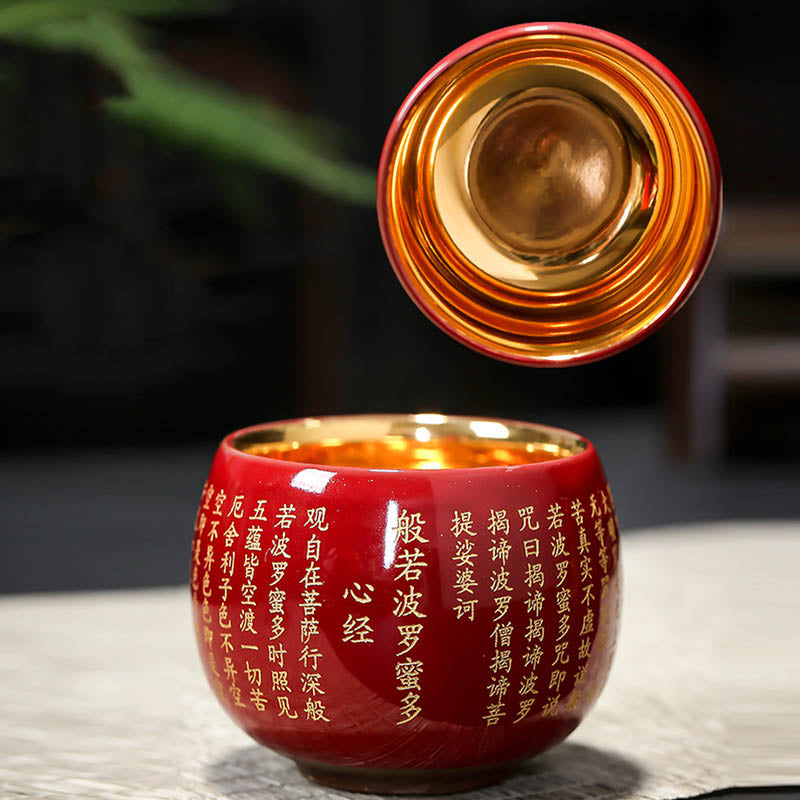 Heart Sutra Ceramic Meditation Tea Cup 130ml Red or Blue