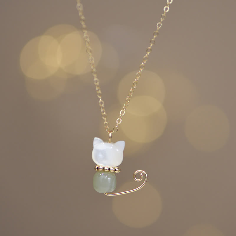 14K Gold Plated Jade Luck Cat Pendant Necklace