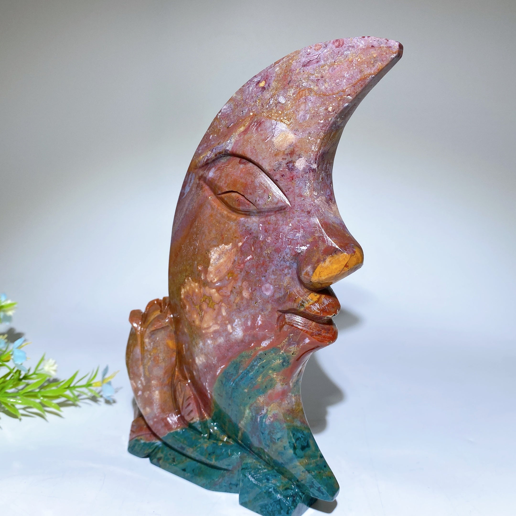 20cm Ocean Jasper Moon Face Crystal Figurine for Healing