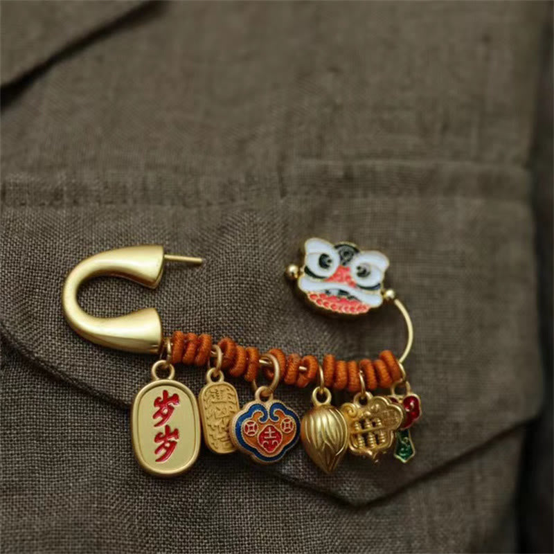 20 x 58 mm Kupfer Tanzender Löwe Lotusknospe Glücksbrosche