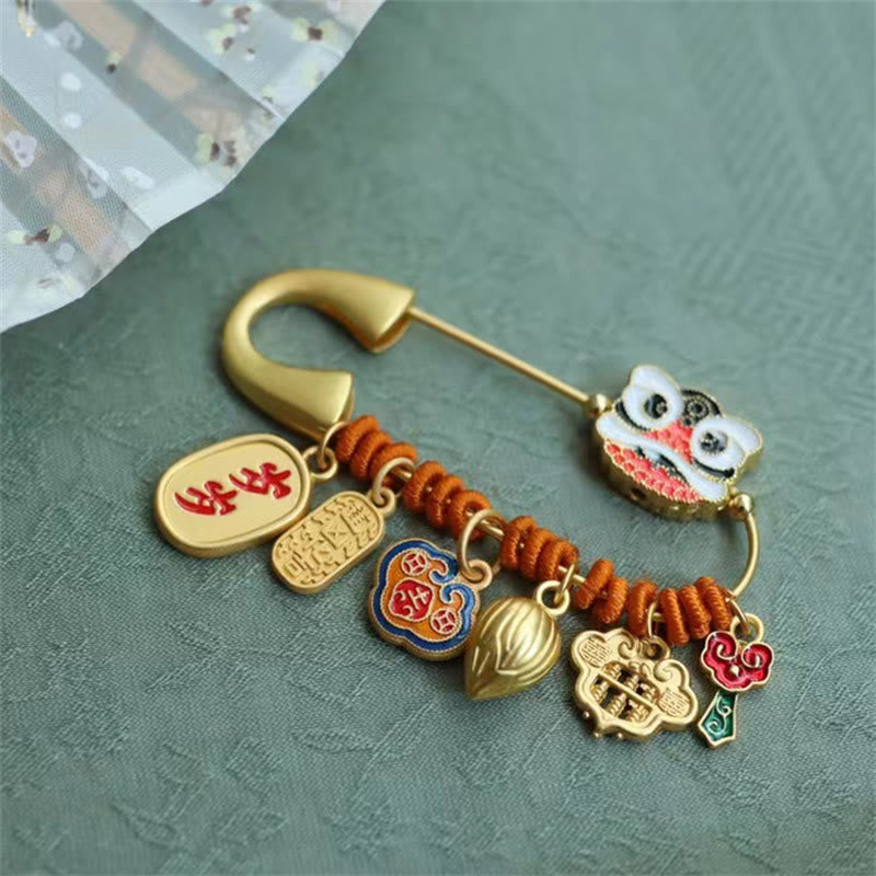 20 x 58 mm Kupfer Tanzender Löwe Lotusknospe Glücksbrosche