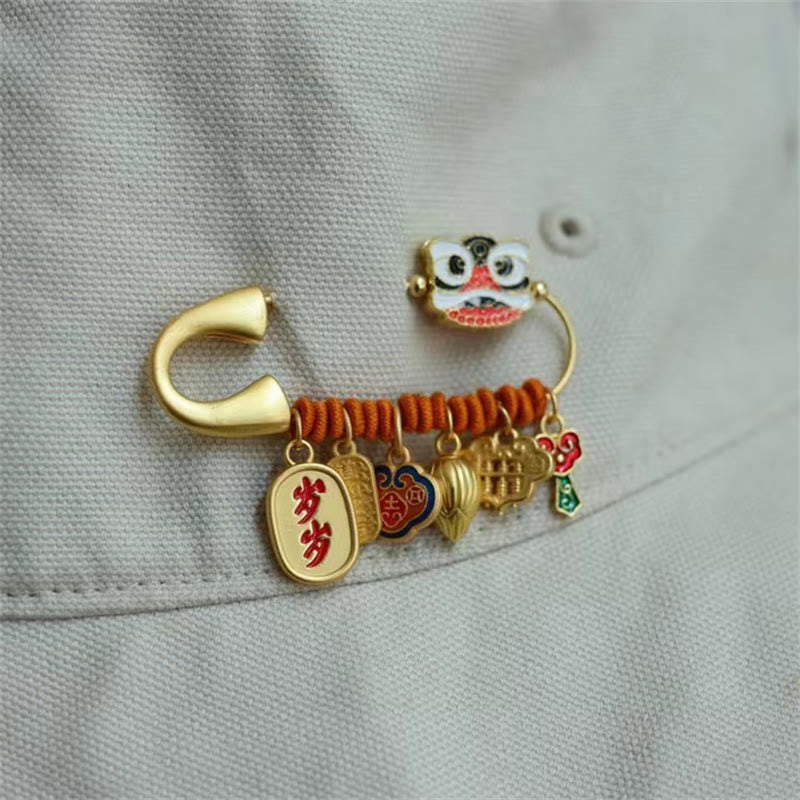 20 x 58 mm Kupfer Tanzender Löwe Lotusknospe Glücksbrosche