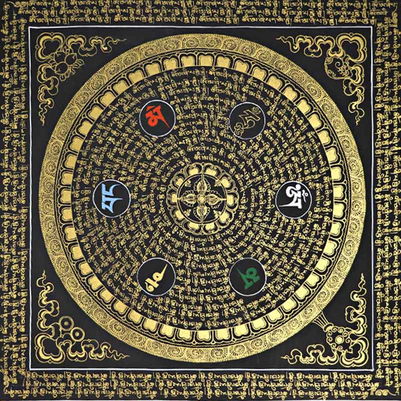 21,65 Zoll tibetisches Thangka-Gemälde Om Mani Padme Hum Schriftdekoration