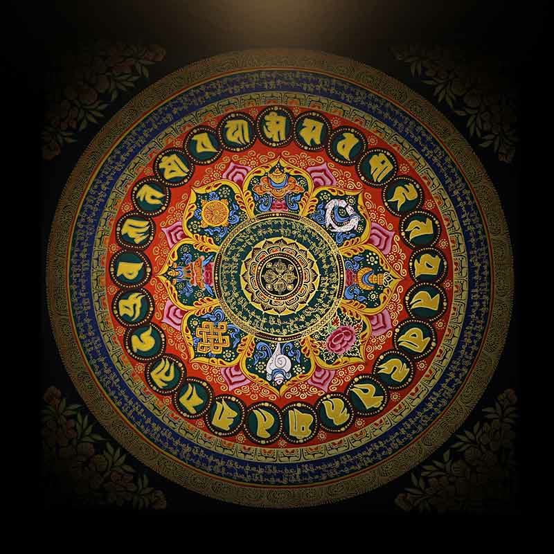 21,65 Zoll tibetisches Thangka-Gemälde Om Mani Padme Hum Schriftdekoration