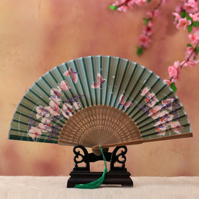 21 cm Bambus-Handfächer | Kirschblüten-Schmetterlings-Design
