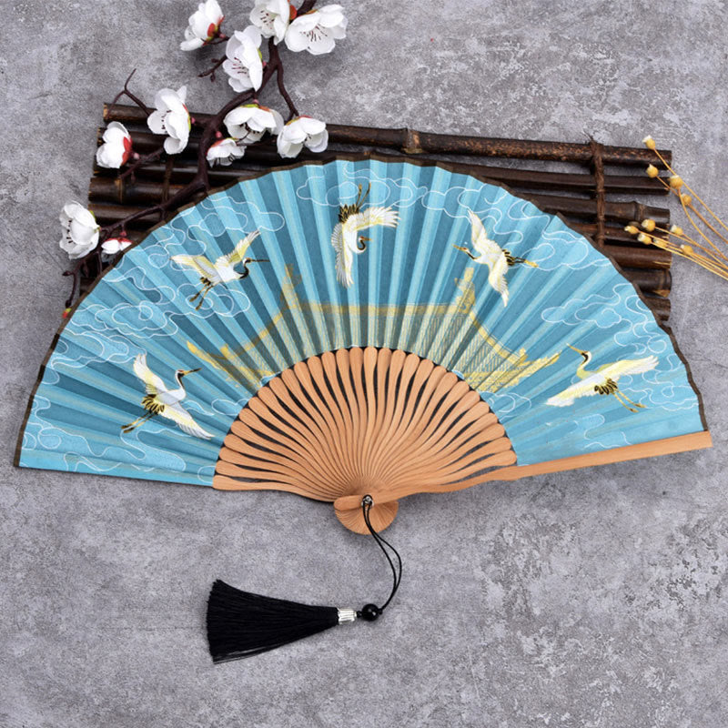 21 cm großer chinesischer Faltfächer mit Kranich- und Glückswolken-Design