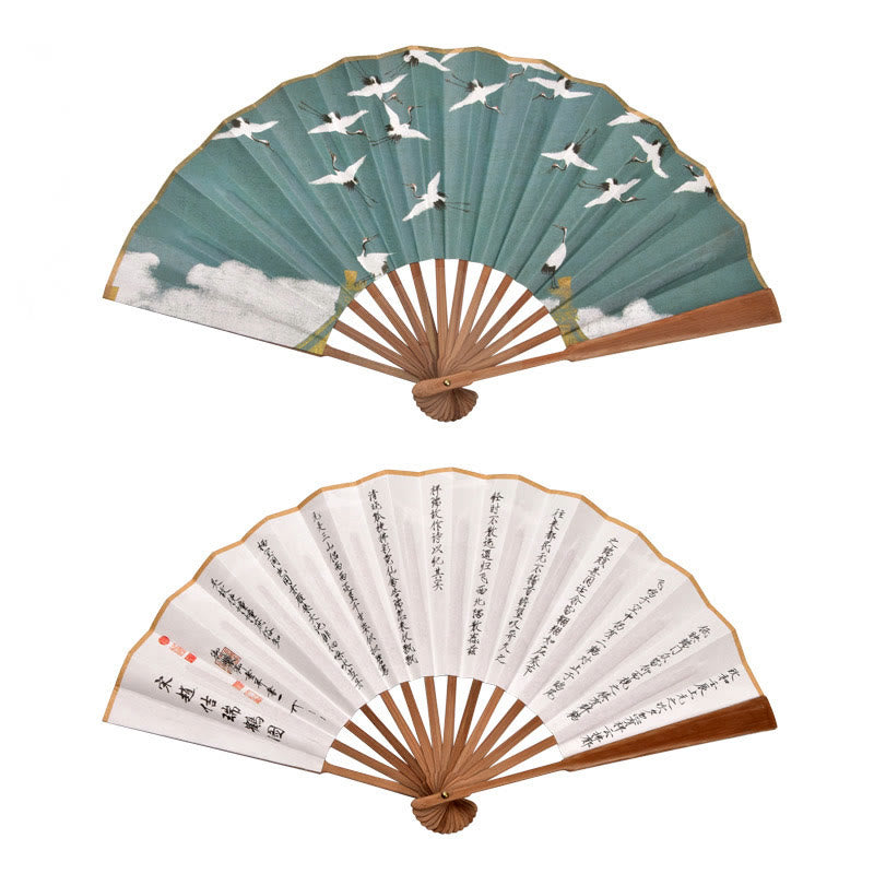 21 cm großer chinesischer Faltfächer mit Kranich- und Glückswolken-Design