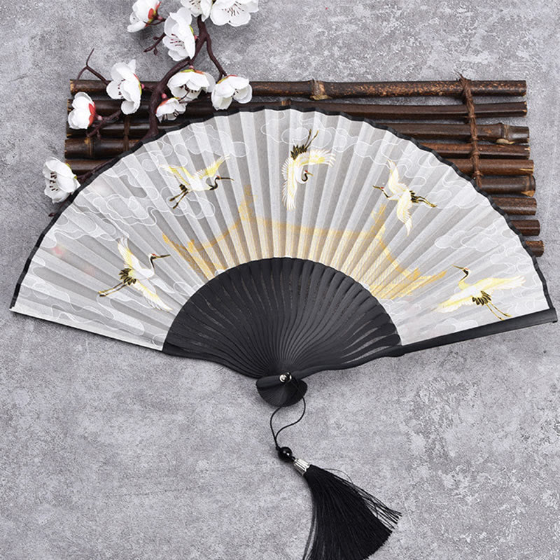 21 cm großer chinesischer Faltfächer mit Kranich- und Glückswolken-Design