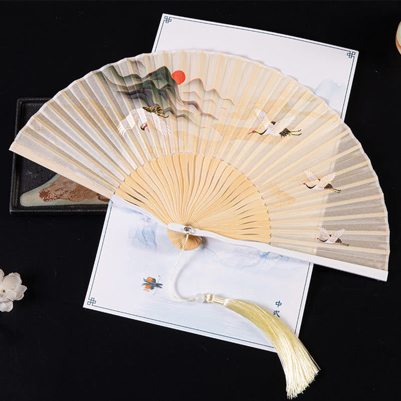 21 cm großer chinesischer Faltfächer mit Kranich- und Glückswolken-Design