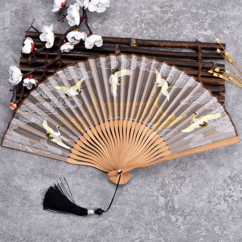 21 cm großer chinesischer Faltfächer mit Kranich- und Glückswolken-Design