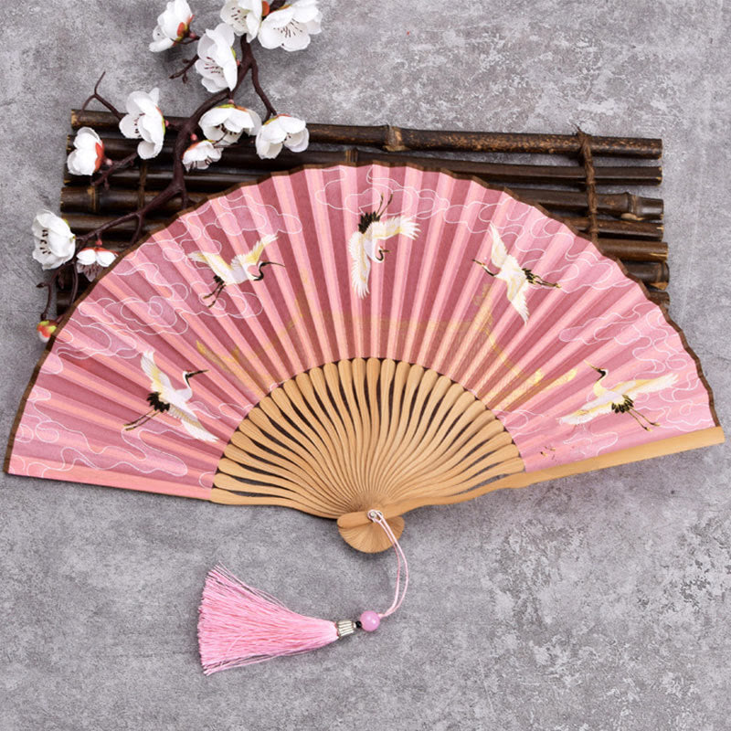 21 cm großer chinesischer Faltfächer mit Kranich- und Glückswolken-Design