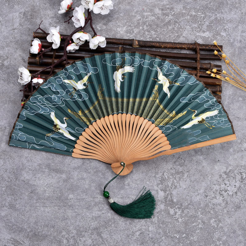 21 cm großer chinesischer Faltfächer mit Kranich- und Glückswolken-Design