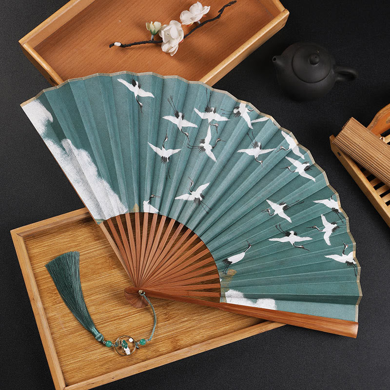 21 cm großer chinesischer Faltfächer mit Kranich- und Glückswolken-Design