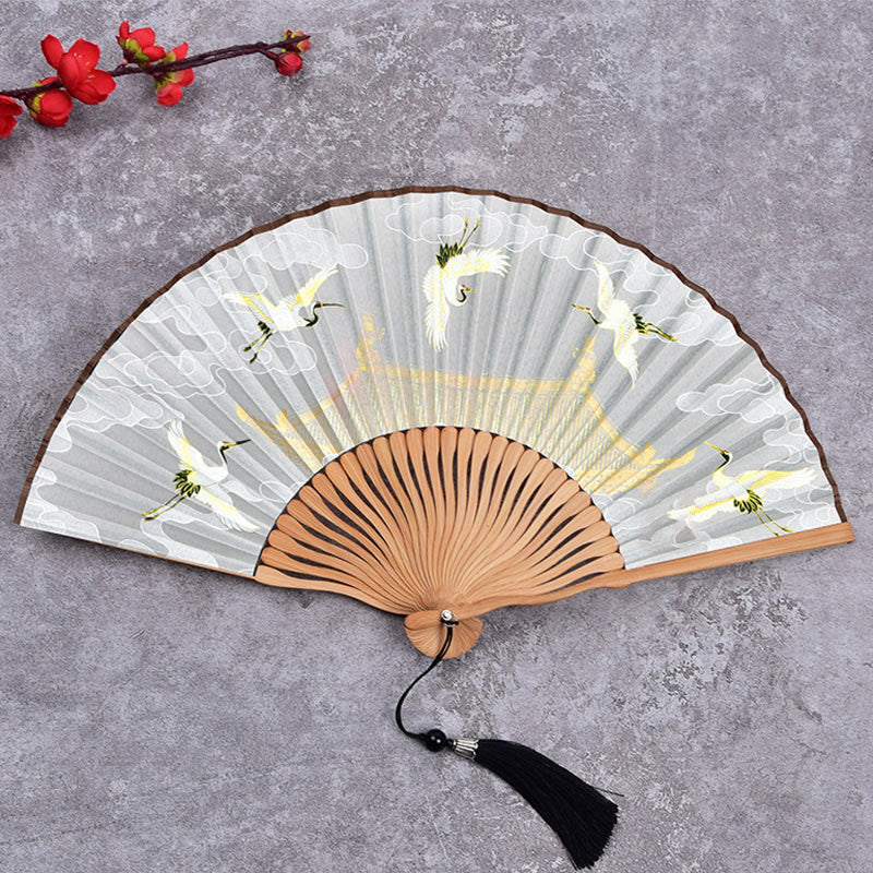 21 cm großer chinesischer Faltfächer mit Kranich- und Glückswolken-Design