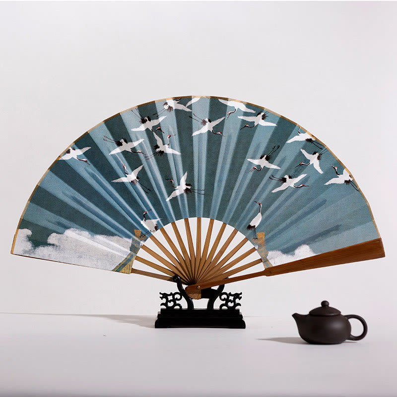 21 cm großer chinesischer Faltfächer mit Kranich- und Glückswolken-Design