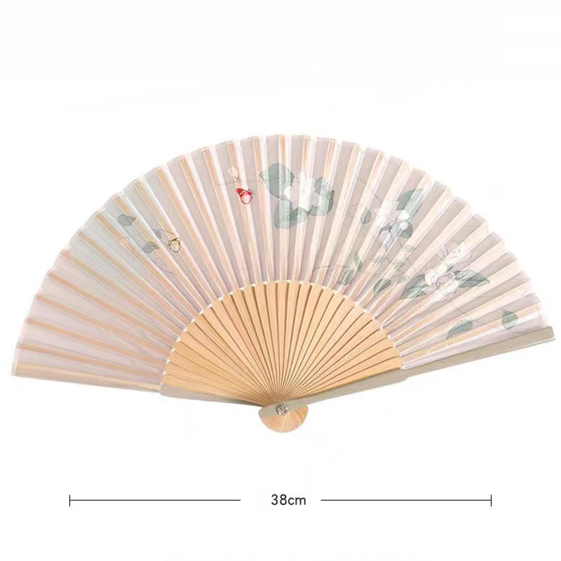 21 cm großer chinesischer Faltfächer mit Lotus-, Begonien- und Jasmin-Motiven im Bambusrahmen